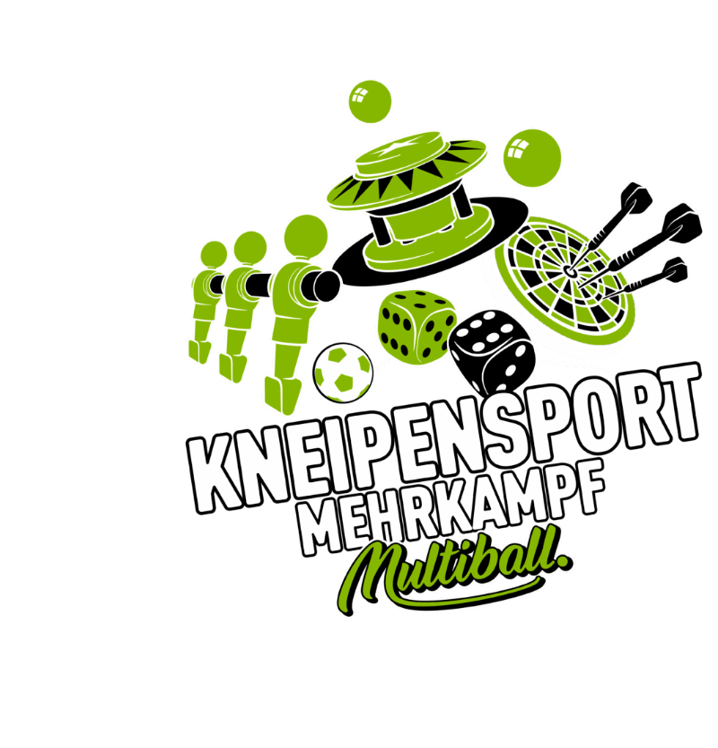 Kneipensport-Logo: Tischspiel-Figuren, Dartscheibe und Würfel in Grün und Schwarz.
