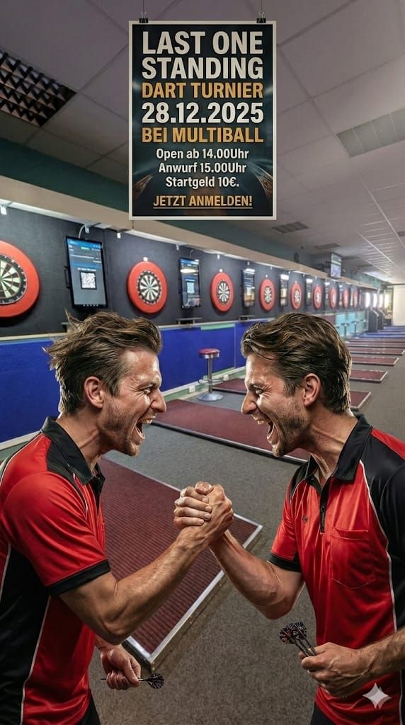 Zwei jubelnde Männer in roten Darttrikots drücken sich die Hände in einer Dartanlage