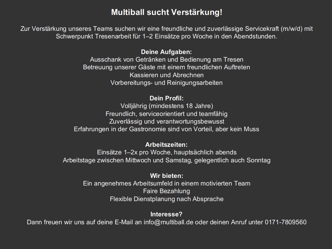 Eine schwarze Infotafel mit weißem Text beschreibt eine Jobanzeige für den Tresen